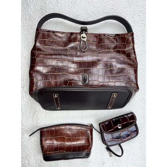 Dooney & Bourke Duck Logo Brown Embossed Crocodile Leather Purse Toe Handbag - Picture 8 of 12